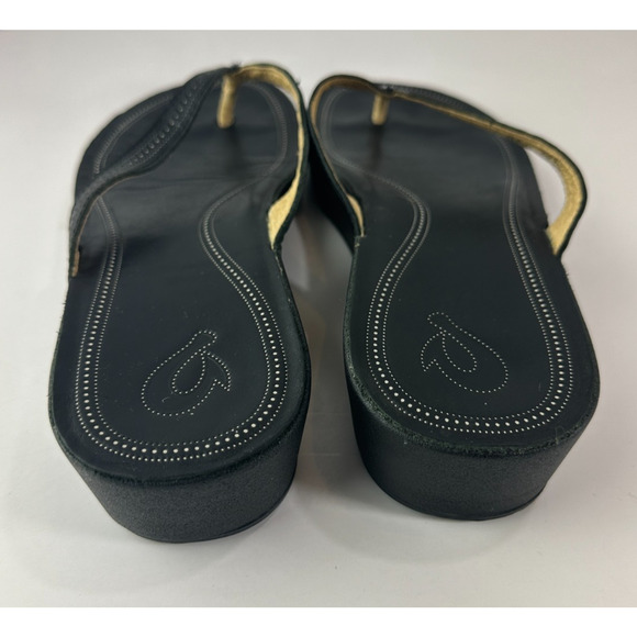 Olukai Ola Full Grain Leather Flip Flops Black Slides Women's Size 10 Sandals - Picture 11 of 14